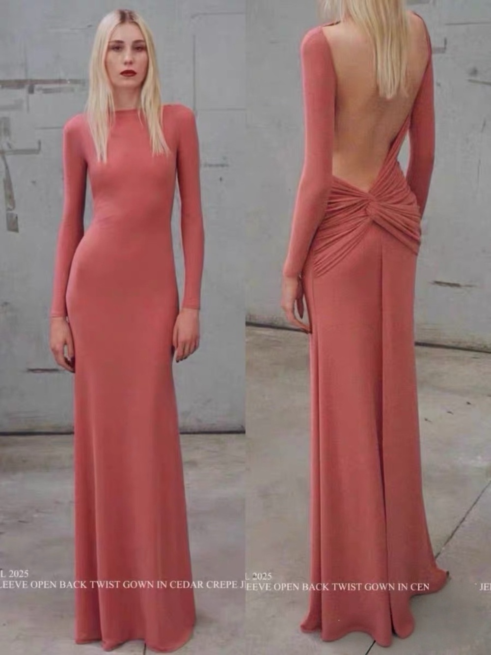 Alex Perry Long Sleeve Open Back Twisted Gown in Cedar Crepe Jersey AU8/US4 NWT.